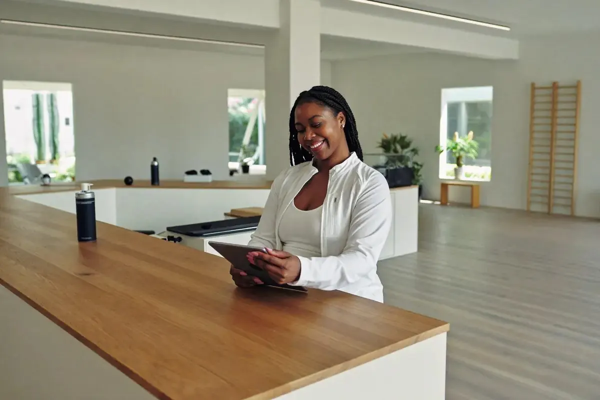 A fitness studio owner checking class bookings on a tablet
